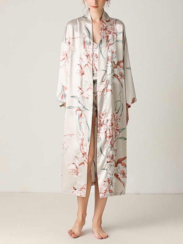 Gray Floral Printed Robe Set