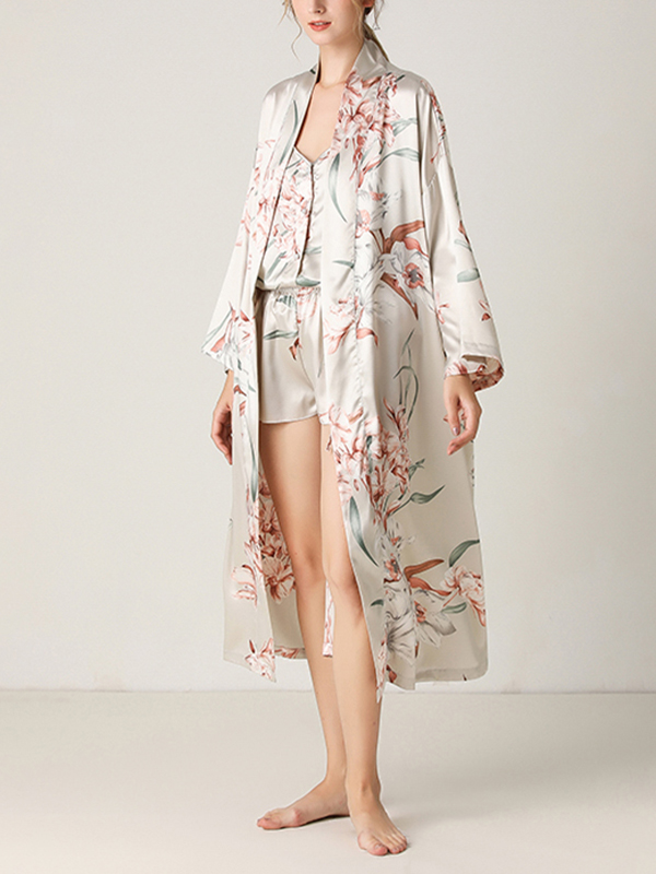 Gray Floral Printed Robe Set