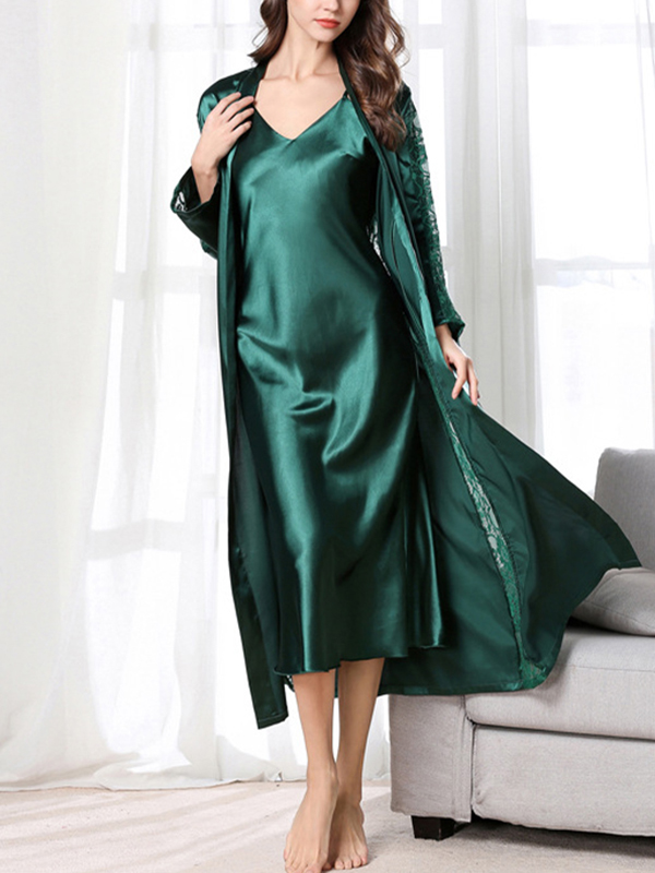 Green Satin Robe Set with Lace Detail