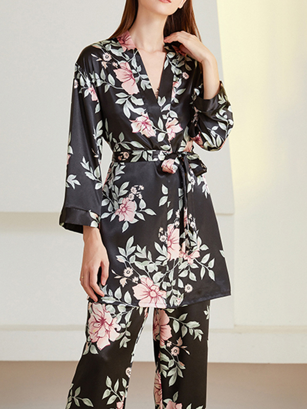 Black Floral Printed Pajama Set