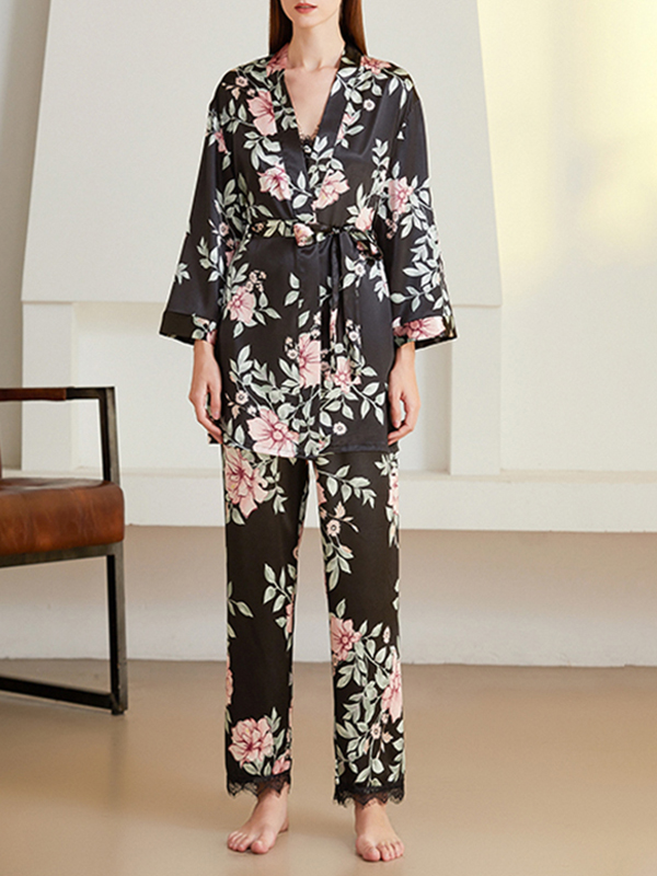 Black Floral Printed Pajama Set