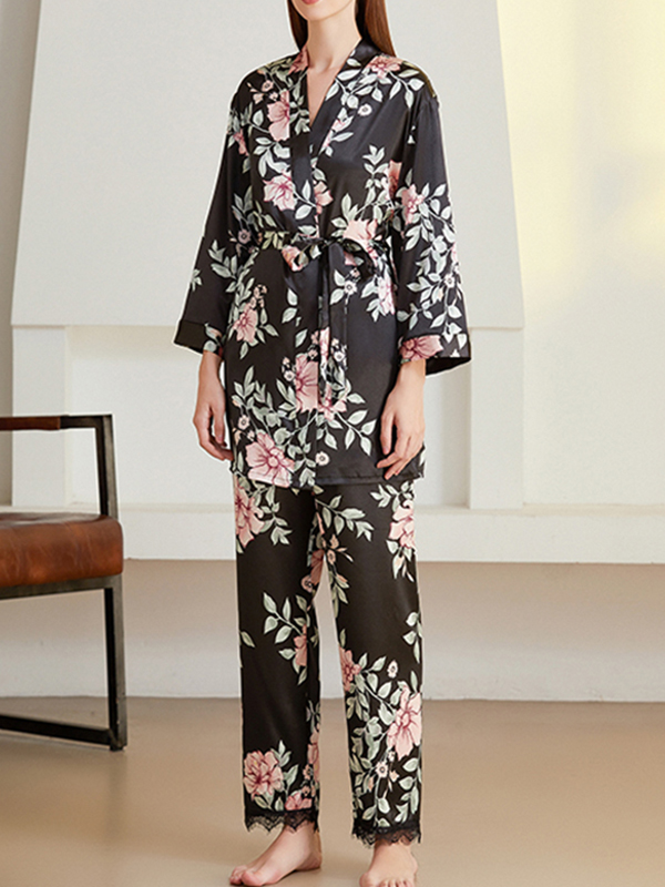 Black Floral Printed Pajama Set