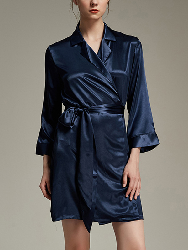 Navy Blue Notched Collar Satin Robe