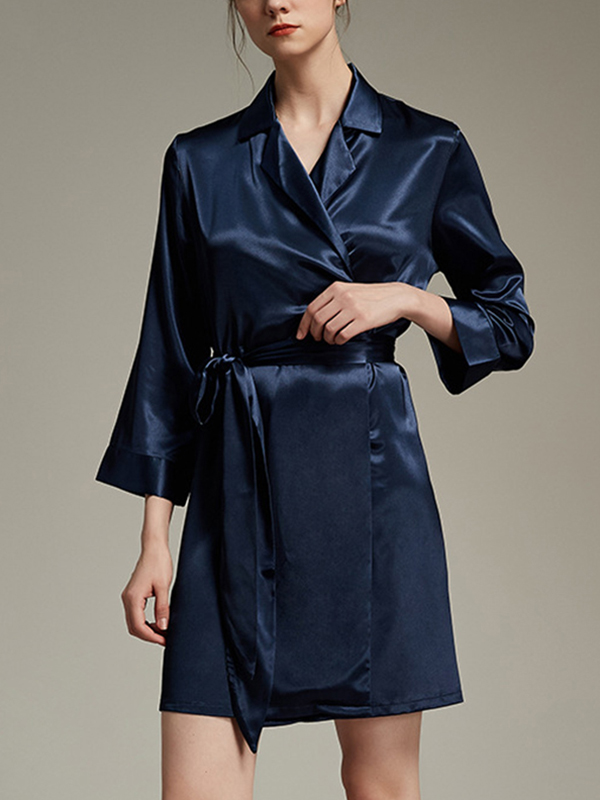 Navy Blue Notched Collar Satin Robe