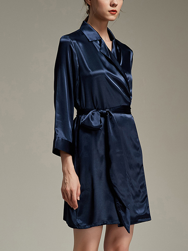 Navy Blue Notched Collar Satin Robe