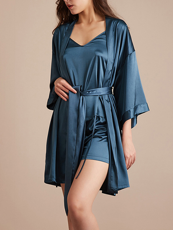 Navy 3- Piece Satin Pajama Set