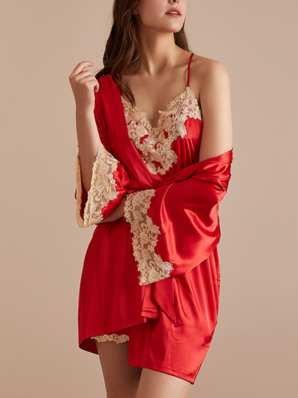 Red Floral Lace Trimmed Robe Set