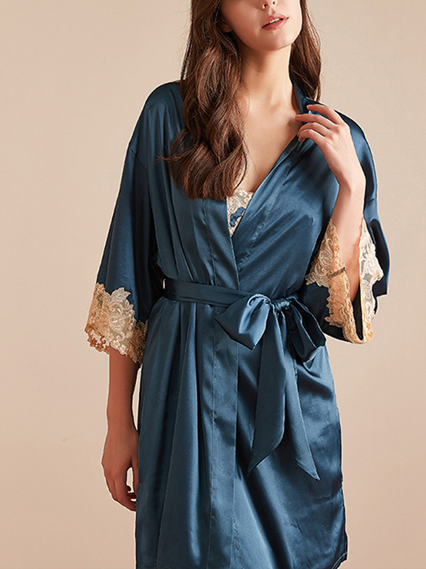 Blue Floral Lace Trimmed Robe Set