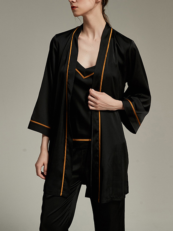 Black Satin Trimmed 3-Piece Robe Set