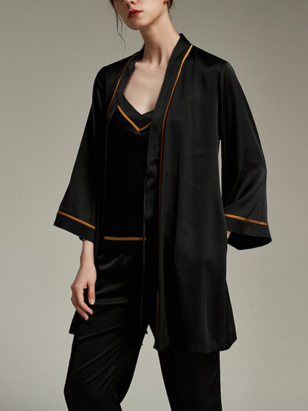 Black Satin Trimmed 3-Piece Robe Set