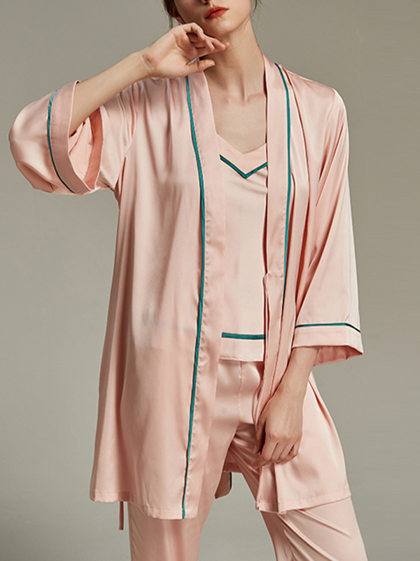 Pink Satin Trimmed 3-Piece Robe Set