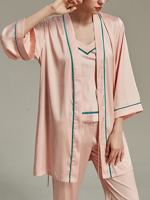 Pink Satin Trimmed 3-Piece Robe Set