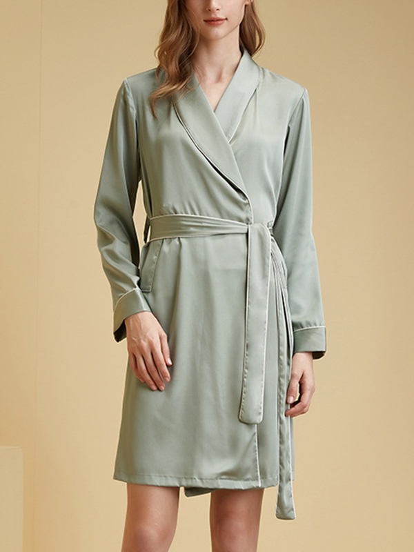 Green Shawl Collar Trimmed Satin Robe with Tie Wasit