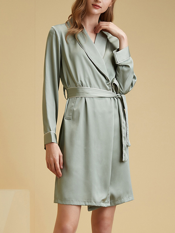 Green Shawl Collar Trimmed Satin Robe with Tie Wasit