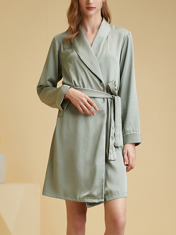 Green Shawl Collar Trimmed Satin Robe with Tie Wasit