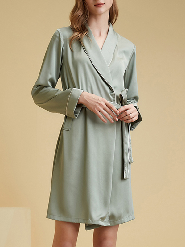 Green Shawl Collar Trimmed Satin Robe with Tie Wasit