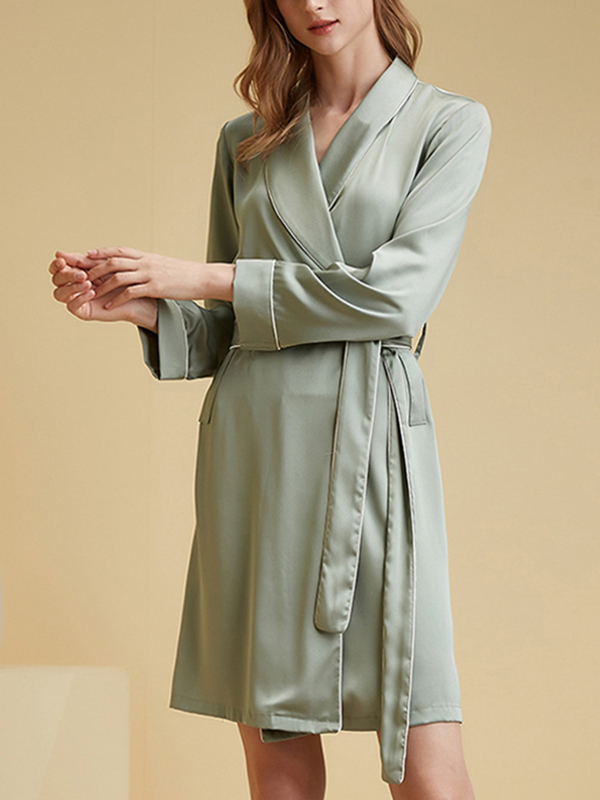 Green Shawl Collar Trimmed Satin Robe with Tie Wasit