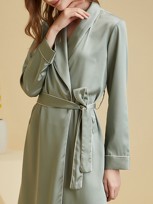 Green Shawl Collar Trimmed Satin Robe with Tie Wasit