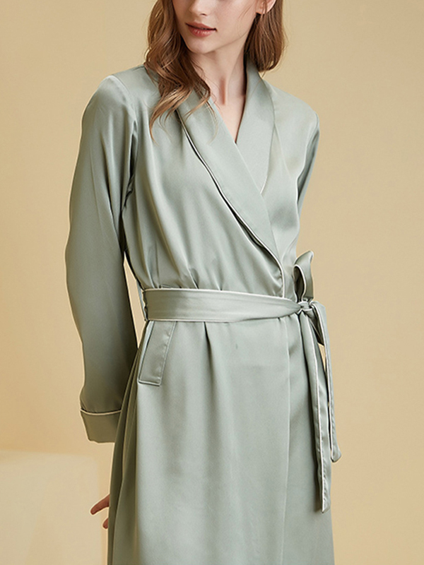 Green Shawl Collar Trimmed Satin Robe with Tie Wasit