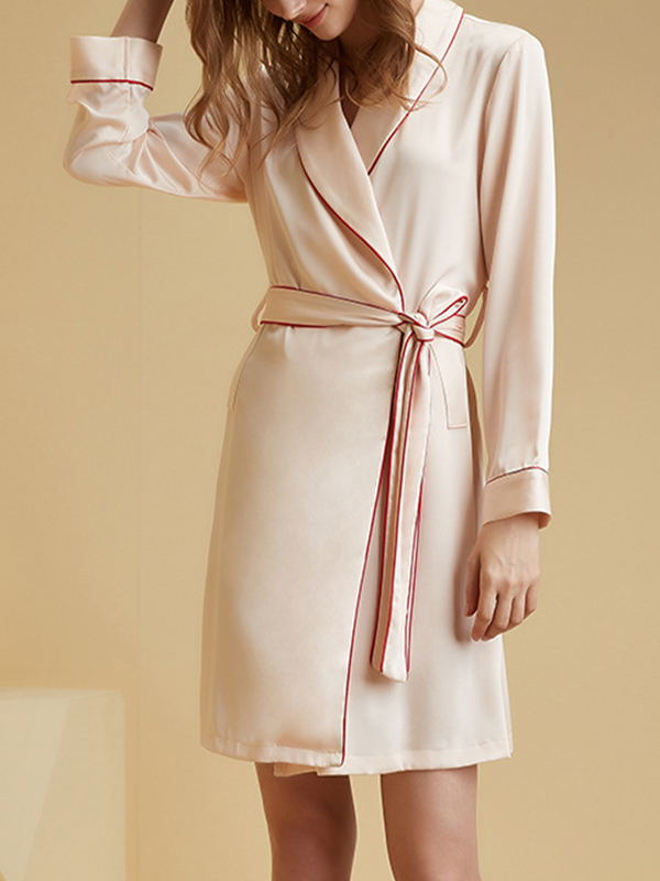 Apricot Shawl Collar Trimmed Satin Robe with Tie Wasit