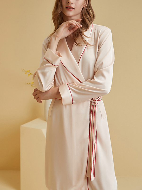 Apricot Shawl Collar Trimmed Satin Robe with Tie Wasit