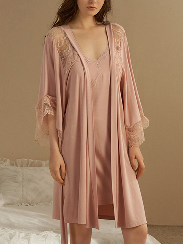 Pink Hollow Out Lace Detailed Robe Set