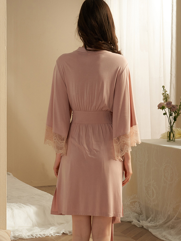 Pink Hollow Out Lace Detailed Robe Set