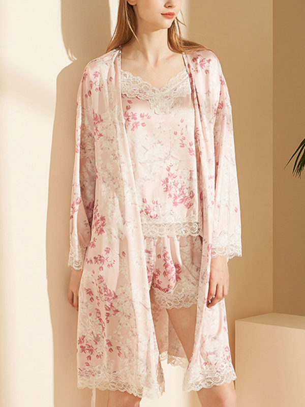 Pink Floral Printed Pajama Set with Lace Detail