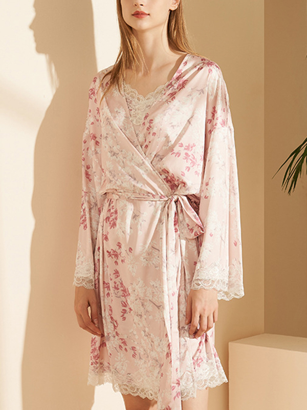 Pink Floral Printed Pajama Set with Lace Detail