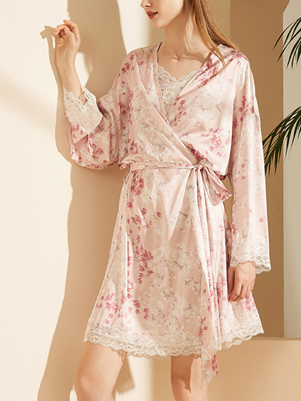 Pink Floral Printed Pajama Set with Lace Detail