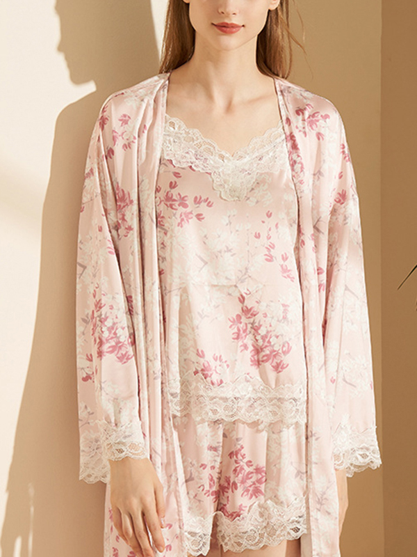 Pink Floral Printed Pajama Set with Lace Detail