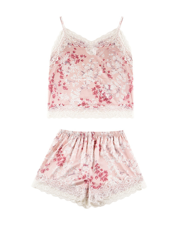 Pink Floral Printed Pajama Set with Lace Detail