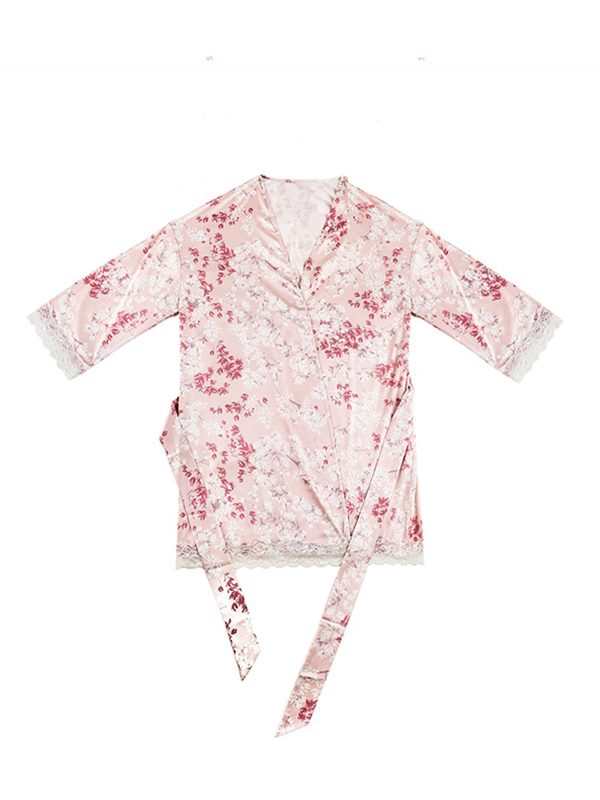 Pink Floral Printed Pajama Set with Lace Detail