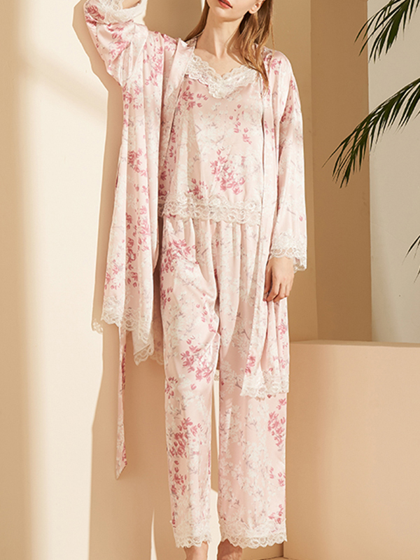 Pink Floral Printed Robe Set with Lace Detail