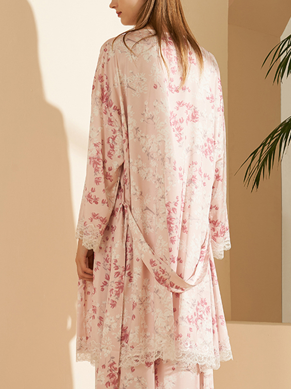 Pink Floral Printed Robe Set with Lace Detail