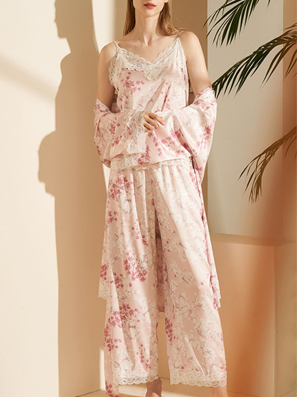 Pink Floral Printed Robe Set with Lace Detail