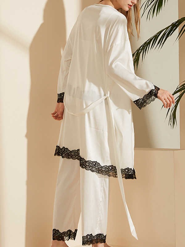 White Lace Trimed Long Pajama Set