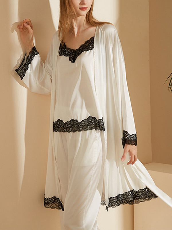 White Lace Trimed Long Pajama Set