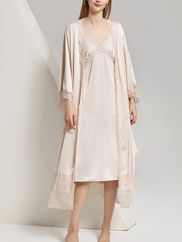 Champagne Satin Nightdress and Robe Set with Lace Trim