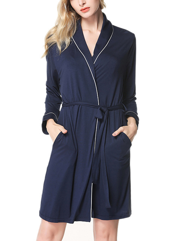 Navy Blue Classic Trimmed Modal Robe