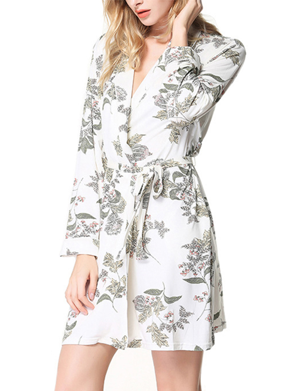 White Flowers Printed Modal Robe