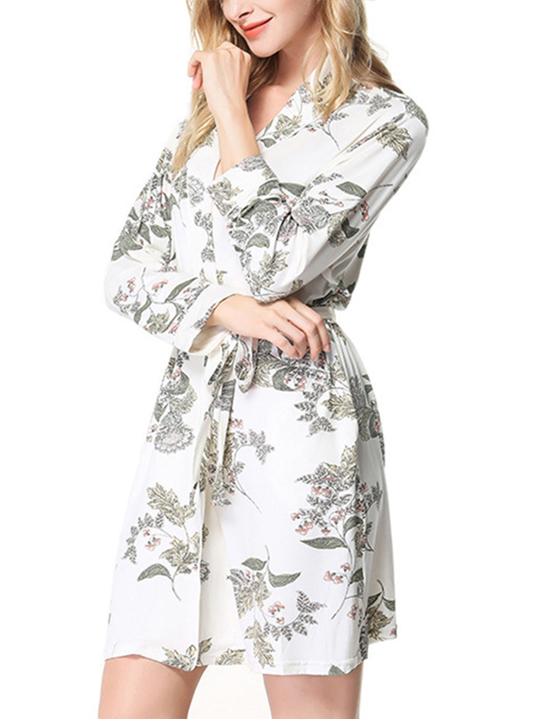 White Flowers Printed Modal Robe