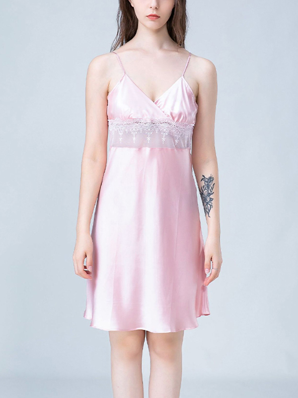 Pink Eyelash Lace Panel Silk Cami Sleep Dress