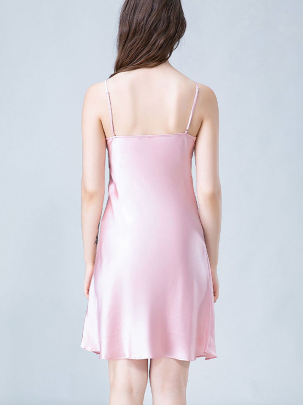 Pink Eyelash Lace Panel Silk Cami Sleep Dress