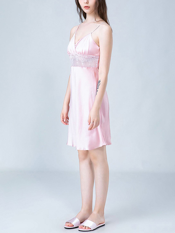 Pink Eyelash Lace Panel Silk Cami Sleep Dress