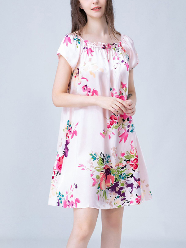 Pink Floral Print Silk Nightdress