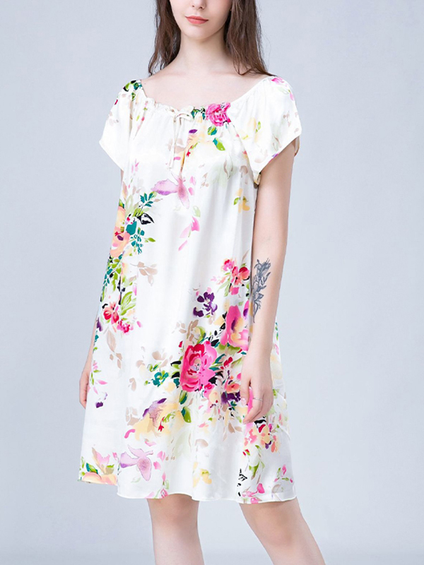 Yellow Floral Print Silk Nightdress