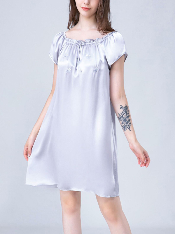 Gray Flower Embroidered Tie Collar Silk Nightdress