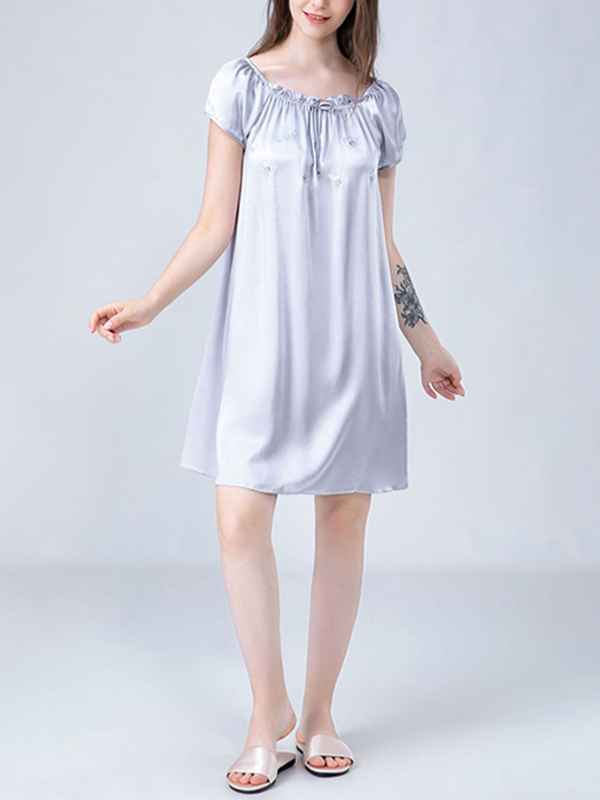 Gray Flower Embroidered Tie Collar Silk Nightdress