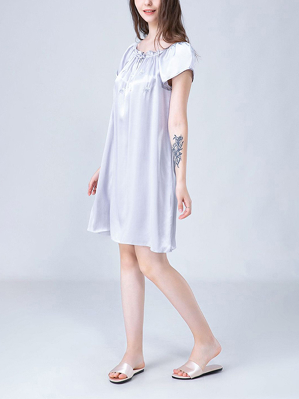 Gray Flower Embroidered Tie Collar Silk Nightdress